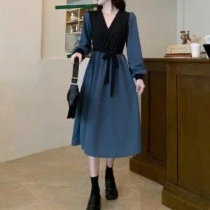 [다잇템] 여성용 콘트라스트 스트랩 V넥 리본 롱 후레아 원피스_23483542_588872