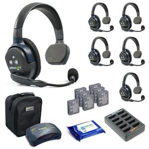 6명의 사용자를 위한 Eartec HUB6S 울트라라이트 풀 듀플렉스 무선 헤드셋 통신 시스템 - 6개의 싱글 이어 헤드셋, 솔리드 시그널 클리닝 물티슈 번들을 갖춘 HUB 트랜시버