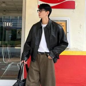 남자 레더 자켓 블루종 커브드 오버핏 가죽 점퍼