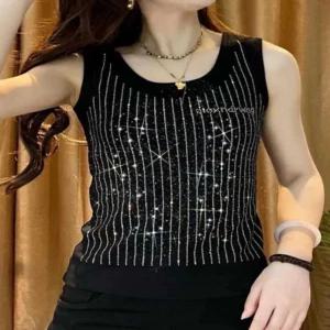 스팽글 스트라이프 나시 민소매 반짝이 슬리브리스 블랙