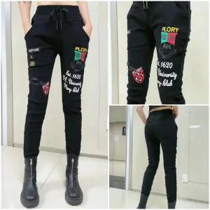 봉숙이 플로리 2025 겨울 기모 신상 따뜻한 여성 스판 허리 밴딩 여자 배기 면 고무줄 팬츠 블랙 검정 색 베기 9부 긴 바지