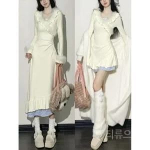 티류으스 여성 가을겨울 퓨어 섹시 일본풍 큐트 미니스커트 허리라인 슬림 디자인 털 블렌드 브이넥 원피스