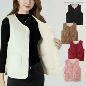 이너퀸 프리수 여성용 빅사이즈 안감 털 기모 융 보온 방한 경량 누빔 퀼팅 웨이브 패턴 패딩 조끼 베스트 털패딩조끼