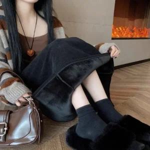 여자 겨울 기모안감 H라인 밴딩 골덴 롱스커트 2컬러