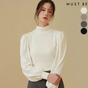 여성 셔링 퍼프소매 반폴라 티셔츠