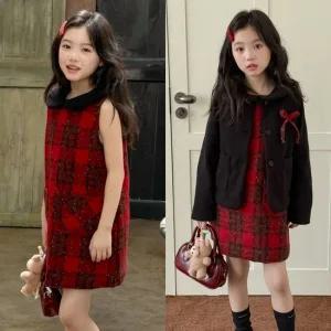 삐삐네옷가게 키즈 주니어 레드윈터 체크 원피스 세트