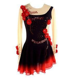 피겨 스케이팅 드레스 여자 10대 구슬 롤러 아이스 스커트 레드 플라워 데모