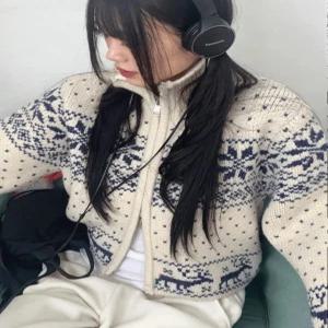 노르딕 니트 집업 스웨터 코위찬 가디건 사슴 눈꽃 후리스