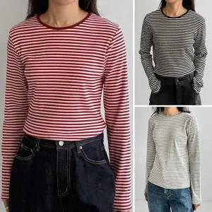 여성 국산 면 스판 골지 라운드 단가라 긴팔티 스트라이프 기본티 이너티 -WTS0995- 봄 가을