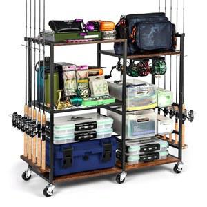 차고 낚싯대 선반 용기용 고스트혼 홀더 포함, 최대 10개의 낚싯줄 보관 회전 카트 낚시 장비 정리함