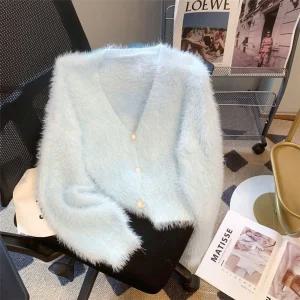 여성 러블리 가디건 브이넥 밍크 니트 추동 앙고라 스웨터 뽀글이 코트 상의 다올4