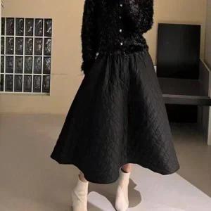 겨울 플레어 롱 치마 1개 스커트 솜 누빔 따뜻한 보온 한파 데이트룩 러블리 패딩 롱치마