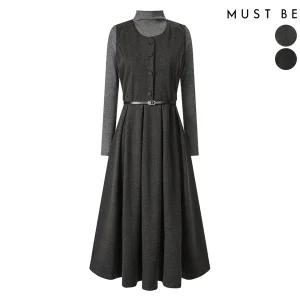 여성 이너세트 벨티드 라운드 원피스