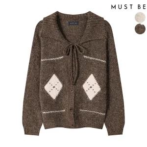 여성 카라 리본 다이아패턴 가디건