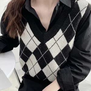 레이어드 여성 아가일 니트 조끼 클래식 여자 아가일 니트 베스트