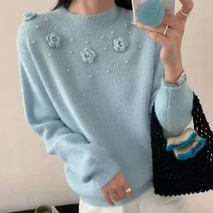 코사지 꽃뜨개 골지 반목 니트_W4363