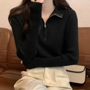 여자 데이트 핏 반집업 슬림 코디 니트 골지 청바지