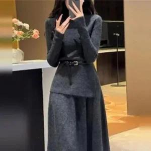 여성 벨트 연말룩 엠로트 롱치마 라운드넥 겨울 스커트 원피스 롱스커트 하객룩 니트