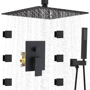제트가 장착된 NPYSVSS 블랙 전신 강우 샤워 시스템, 오버헤드 헤드 및 핸드헬드 스프레이어가 16인치 천장 마운트 멀티 압력 균형 밸브 키트