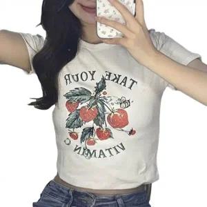 여름용 여성 크롭 반팔 딸기 프린트 티셔츠 캐주얼 상의
