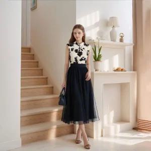 [하프클럽/]아엘리에 미디 샤스커트 사계절원피스 쉬폰 레이스 망사 플레어