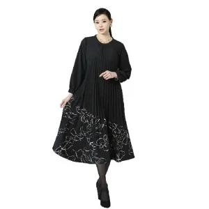 (기) 플리츠 프린트 배색 원피스