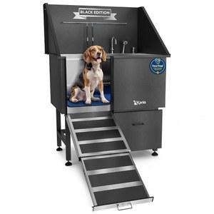 카니스 블랙 라인 전문 반려견 세척 스테이션 - 대형, 중형 및 소형 반려동물을 위한 샤워기, 바닥 격자 보관 공간이 있는 304 스테인리스 스틸 반려동물 싱크대 그루밍 욕조(40, 서랍 1개 왼쪽 경사로)