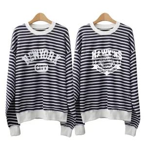 전사 프린트 기모맨투맨 티셔츠 긴팔 오버핏 빅사이즈 스트라이프