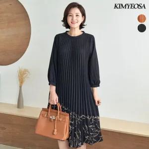 드로잉 플라워 주름 원피스