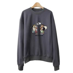 전사 프린트 기모맨투맨 티셔츠 긴팔 오버핏 빅사이즈 피너츠 스누피 1986