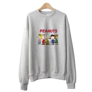 전사 프린트 기모맨투맨 티셔츠 긴팔 오버핏 빅사이즈 피너츠 스누피 프렌드