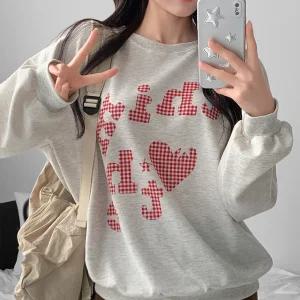 전사 프린트 기모맨투맨 티셔츠 긴팔 오버핏 빅사이즈 하트체크