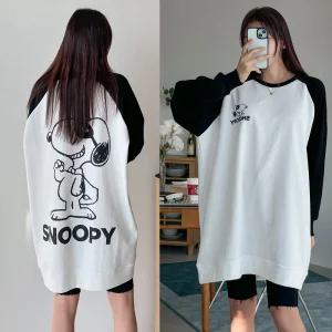 래글런 프린트 맨투맨 티셔츠 긴팔 오버핏 빅사이즈 피너츠 오버롱스누피