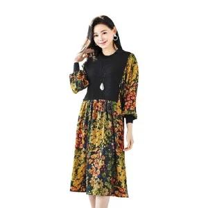 (쇼)봄꽃 니트 배색 롱 원피스(허리끈)