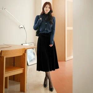 [시크라인] (~XXL까지) 아로닉 벨벳 핀턱 플레어 스커트 겨울 하객룩 오피스룩 모임룩 격식룩 연말룩 빅사이즈