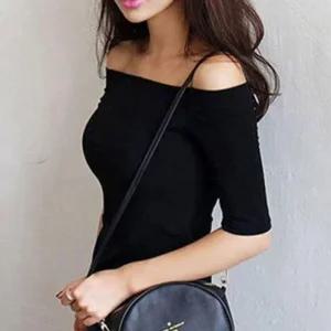 슬림핏 셔링 반팔 티셔츠 오프숄더 7부소매 입술넥티