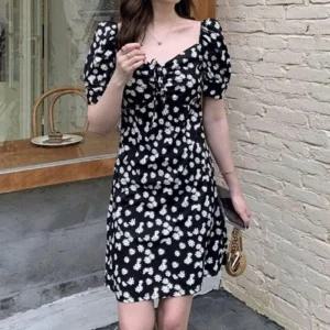 여자 셔링 원피스 프릴 꽃무늬 오프 숄더 미니 쉬폰