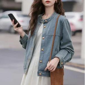 [라일리여성의류] Rly 직장인 간절기 출근 룩 데님 청 자켓 라운드넥