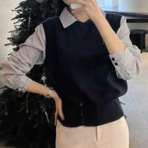 [라일리여성의류] Rly 셔츠 조끼 투피스효과 레이어드 페이크 스트라이프