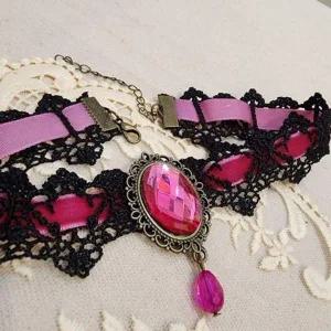[콩심팥심]레이스 보석 목걸이 북유럽 핑크 초커 벨벳 메탈 중세