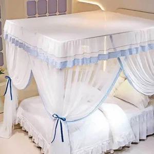 커튼형 침대 모기장 블루 180cm 해충 차단 사각 스틸 그물망 육각 커튼 개방형 통기성