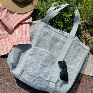 [콩심팥심]메쉬 비치백 망사 물놀이 숄더 가방 대형 그레이