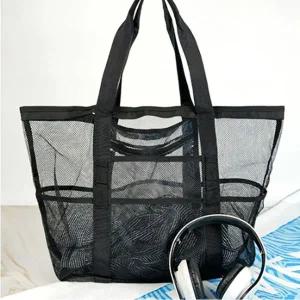 [콩심팥심]메쉬 비치백 망사 물놀이 숄더 가방 대형 블랙