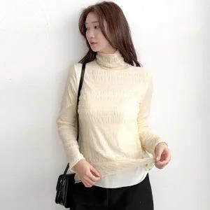 [다잇템] 여자 FW 하이넥 잔주름 내의 레이스 융안감 티셔츠