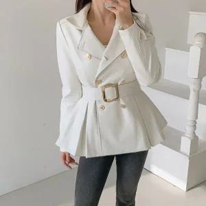 [다잇템] 여자 프릴 레더 오버랩 FW 폴라넥 골드포인트 혁대 자켓