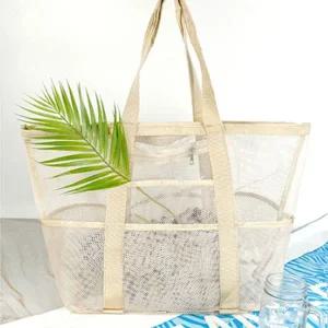 [콩심팥심]메쉬 비치백 망사 물놀이 숄더 가방 대형 베이지