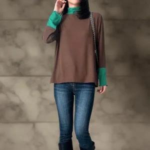 [다잇템] 여성 큰사이즈 웨이브 투컬러 롱슬리브 폴라넥 콘트라스트 패턴 티셔츠