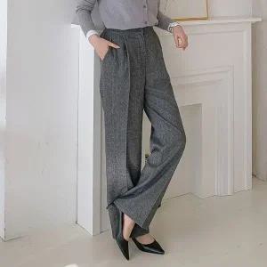 [신세계라이브쇼핑][옷자락] 여자 오피스룩 핀턱 세미 와이드핏 헤링본 울 슬랙스