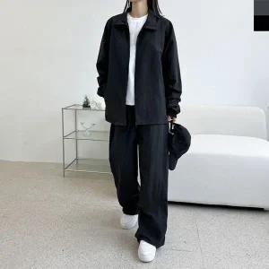 [셀러에이드]여성 나일론 오버핏 하프넥 집업 바람막이 데일리 와이드 바지 세트