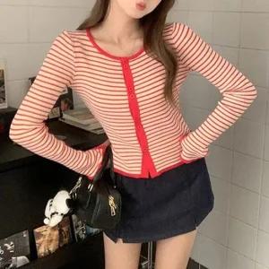 여자 소매 트임 롤업 디테일 스트라이프 가디건